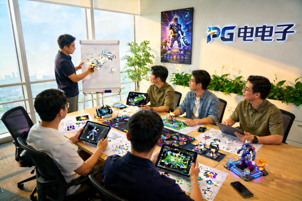 PG电子开发团队在现代化办公室内协作讨论游戏设计原型